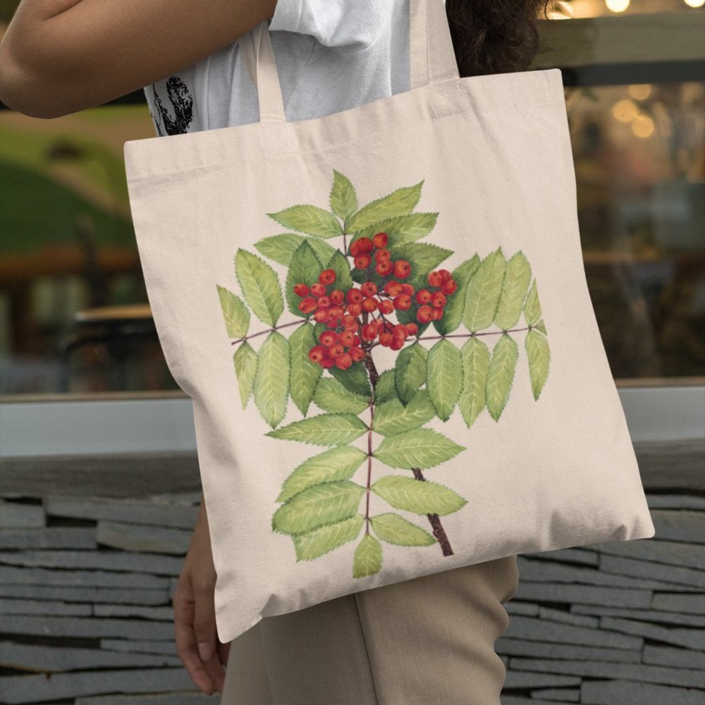 Western Mountain Ash Vintage Watercolor Botanical Print Graphic Canvas Tote Bag